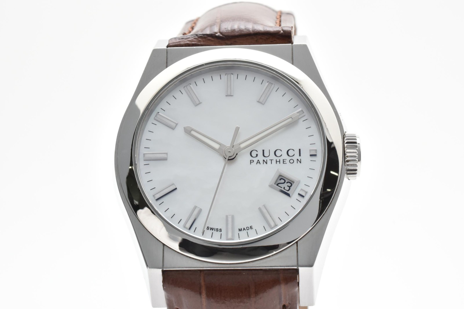 GUCCI Pantheon 115.4 MOP Dial Quartz Watch Leather Strap Unisex Boys Watch
