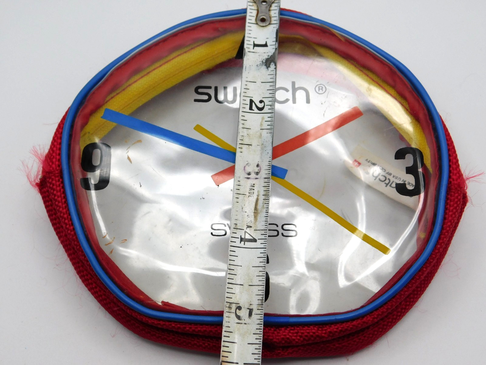 Vintage 5″ RED Swatch Swiss Clear Coin Purse With Yellow Zipper (EF979)