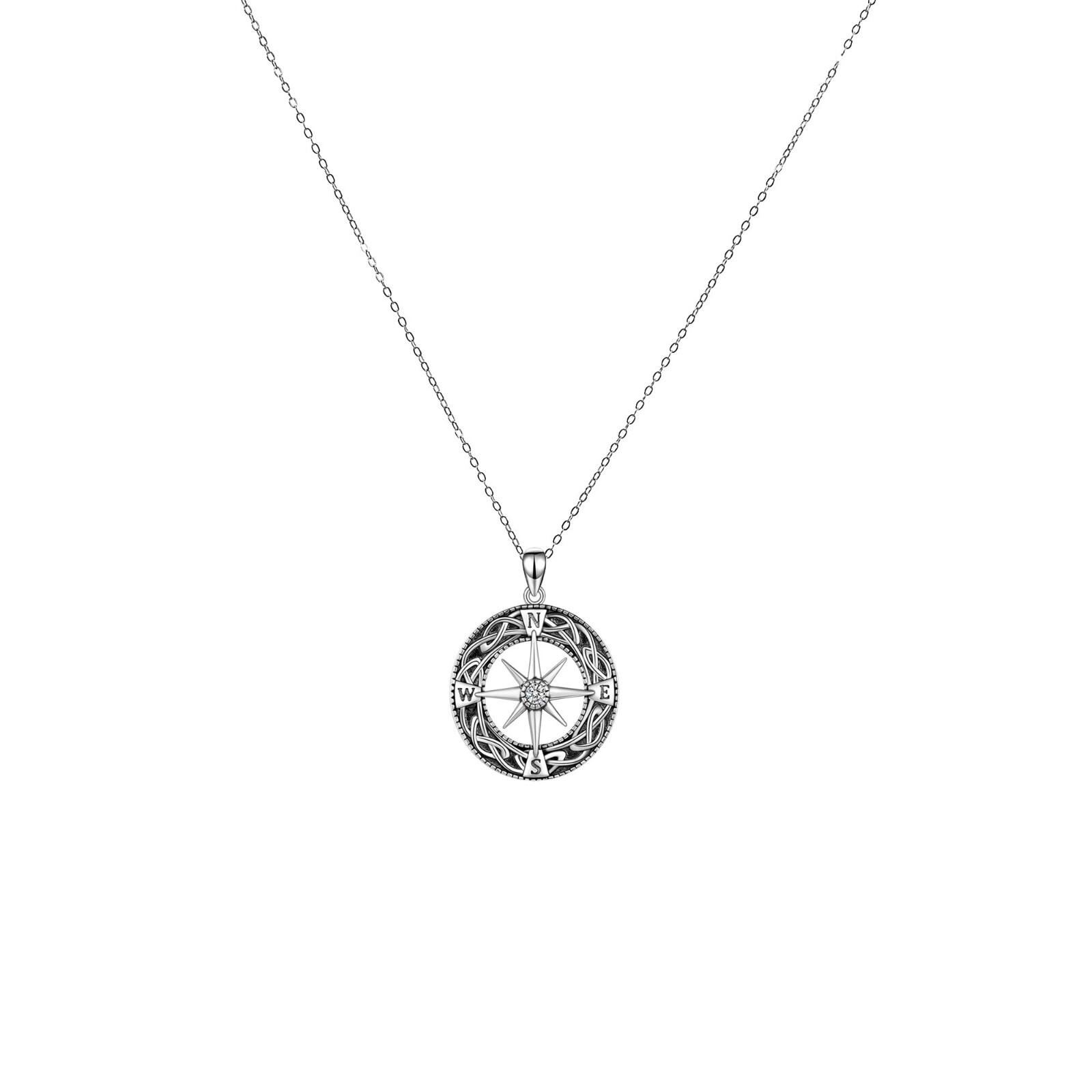 Cable Chain Necklace Pendant Compass Zircon 925 Sterling Silver Lady/Mr