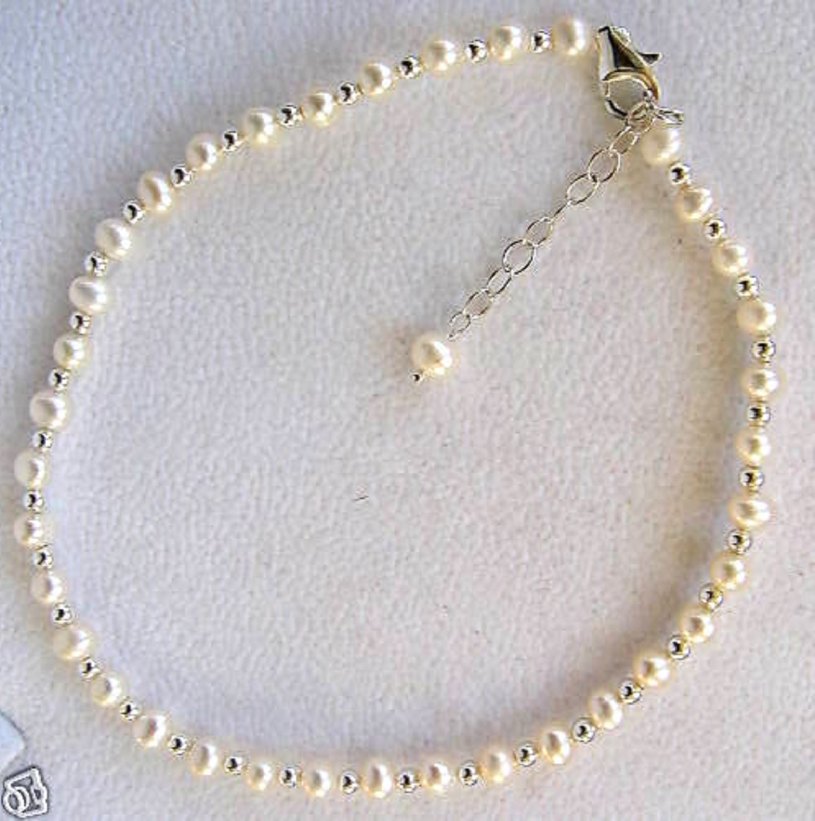 White Cultured Pearl & Sterling Silver 8″-10″ Ankle Bracelet w/Sterling Beads