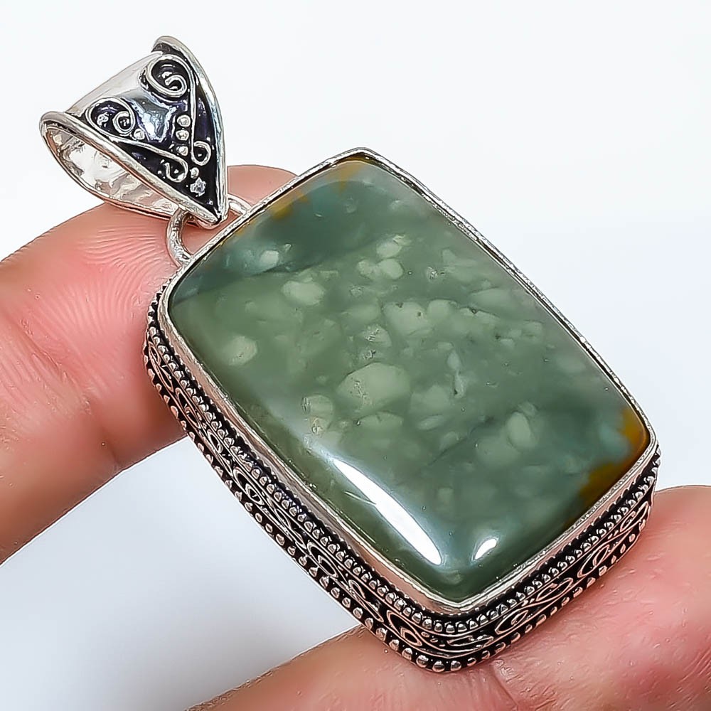 Natural Polychrome Jasper Gemstone 925 Silver Plated Fine Art Pendant 1.95″ TP