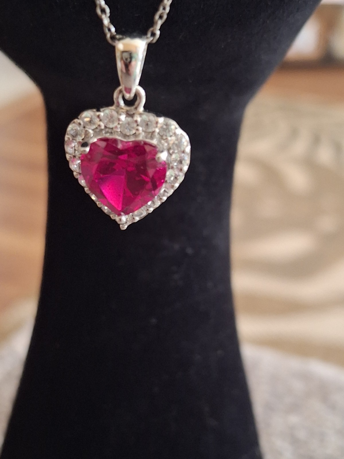 Heart Red And White Cz Sterling Silver Necklace 18in.