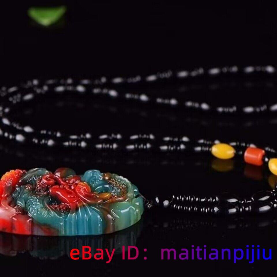 Jade Dragon Pendant Jewelry Natural Necklace Colorful Charm Carved Real Stone