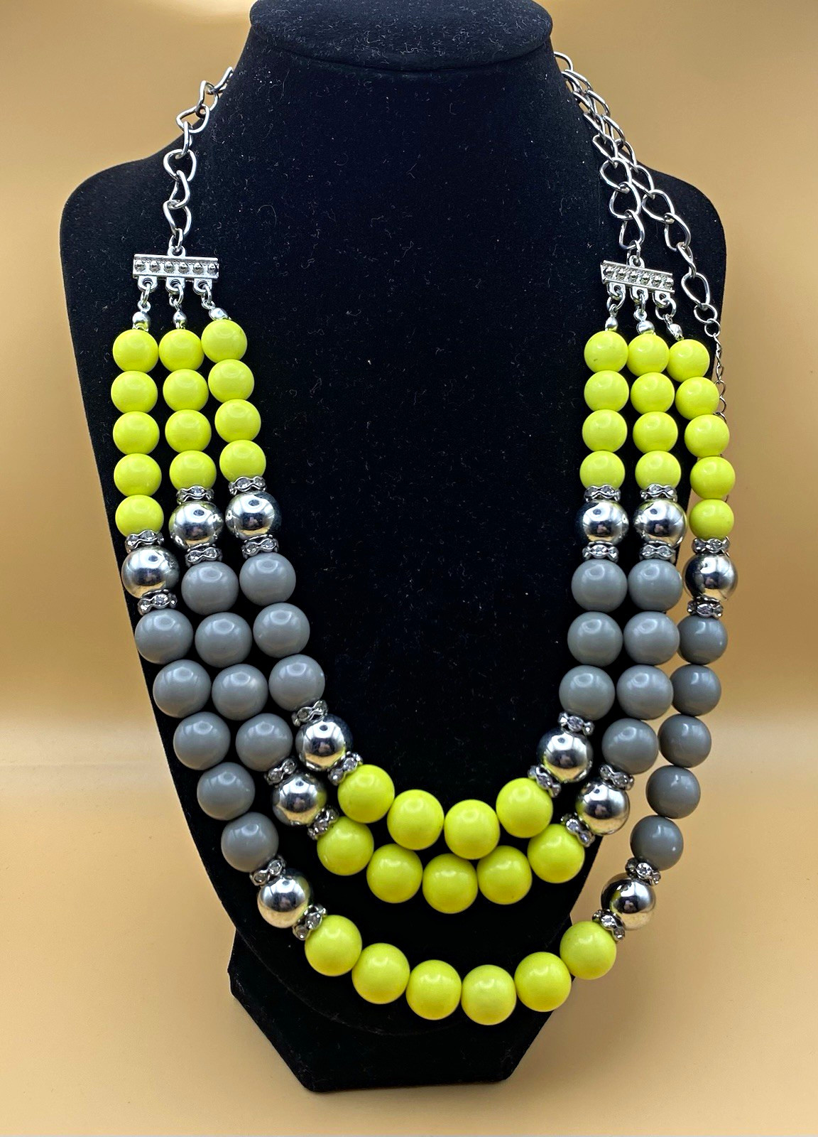 Yellow & Gray Multi-Strand Round Beaded Statement Necklace Silver Tone Lobster