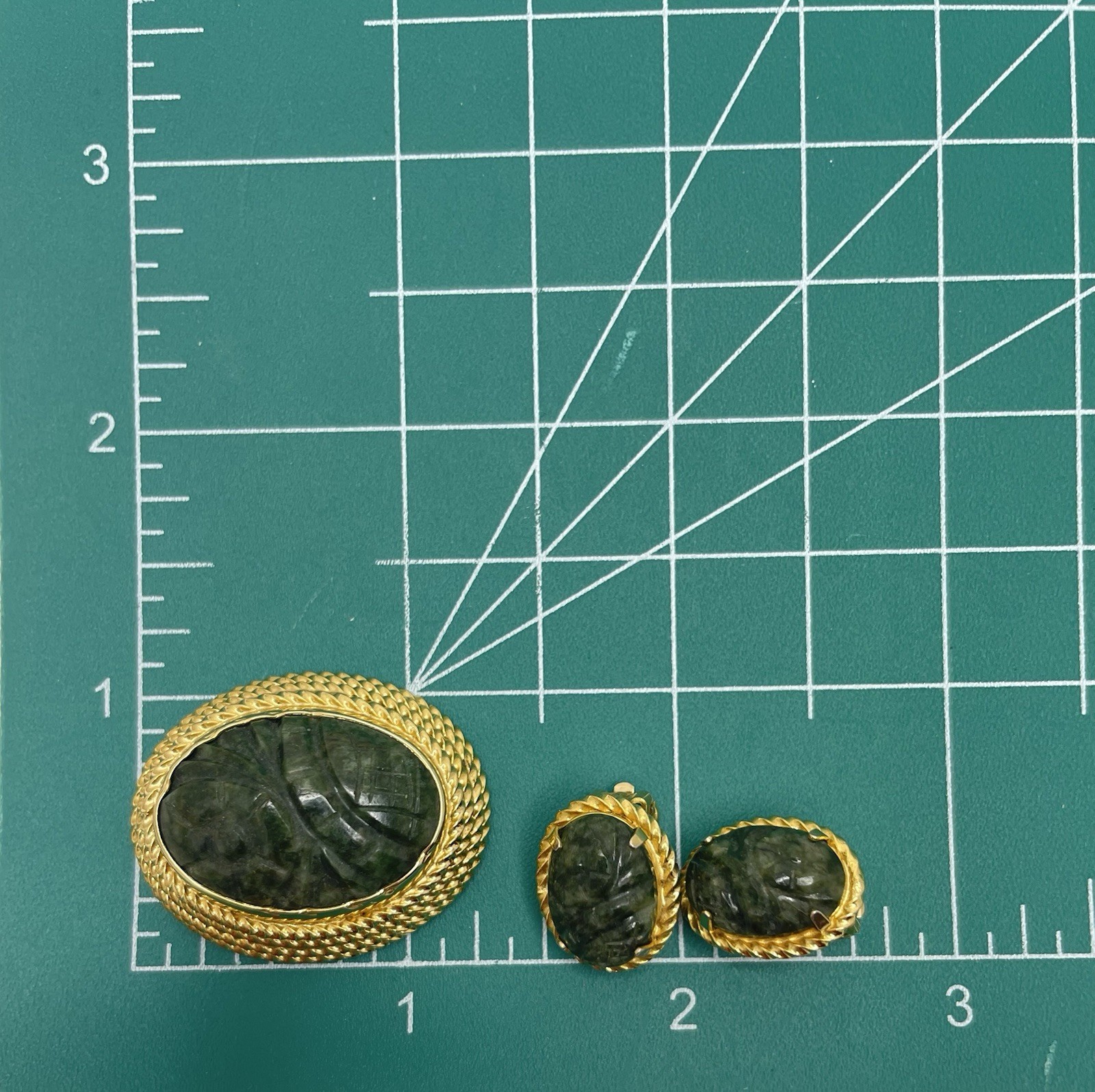 Vintage Burt Cassell Brooch Clip Earrings 12K Gold Filled Carved Green Stone