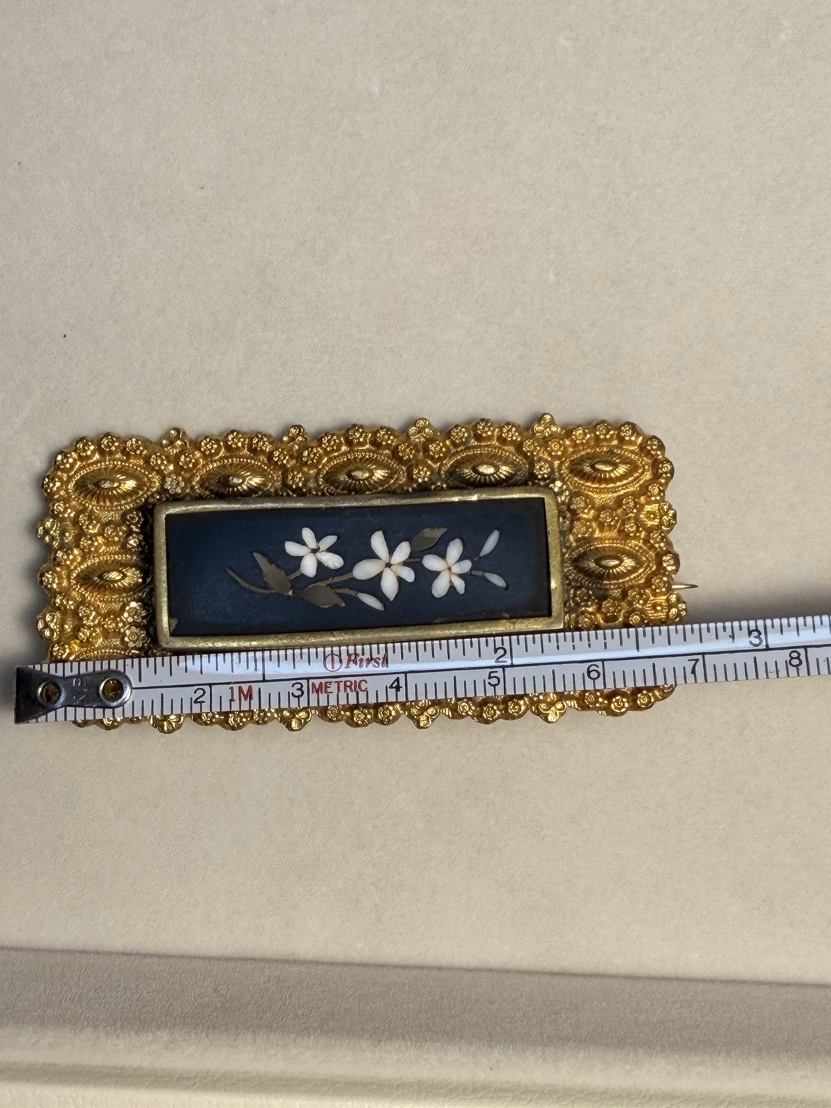 Victorian 9k Gold Plated Pietra Dura Brooch