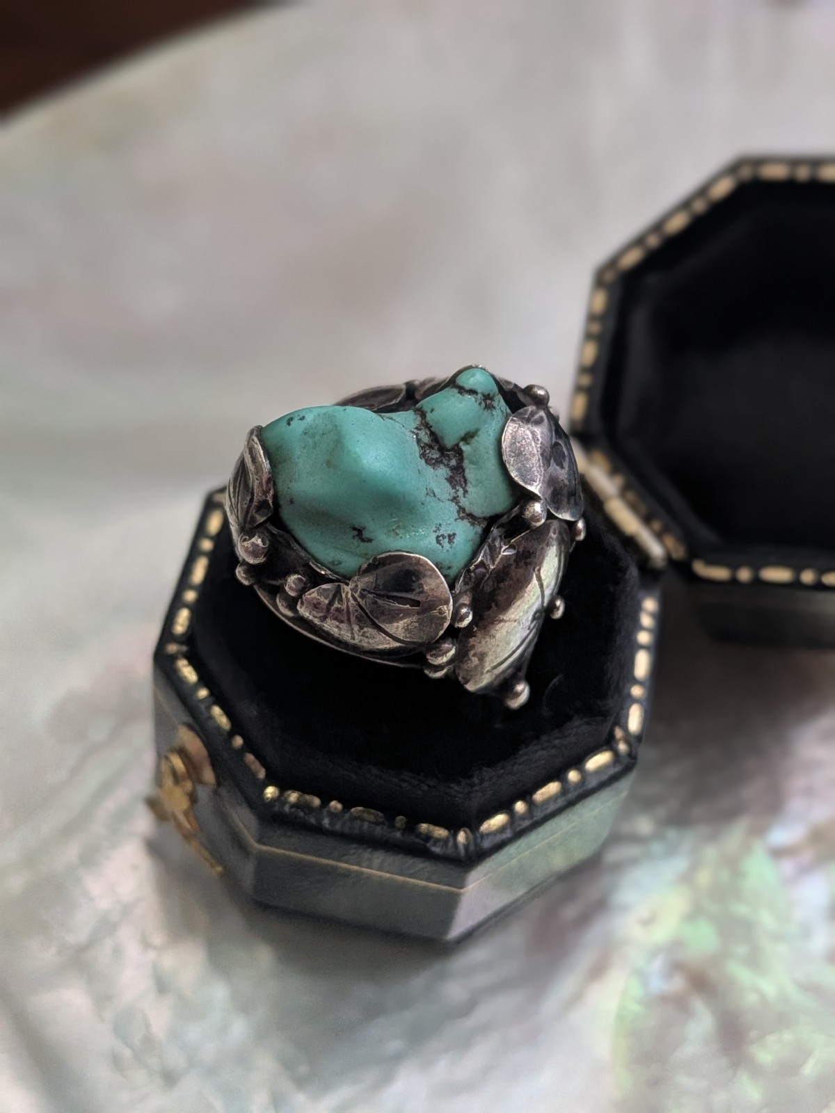 Vintage Mary Gage Turquoise & Sterling Ring- Lily Pad Motif