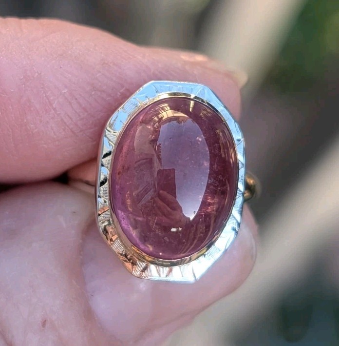 Antique A&S 9- 10 K Gold Ring with cabochon pink tourmaline size 6