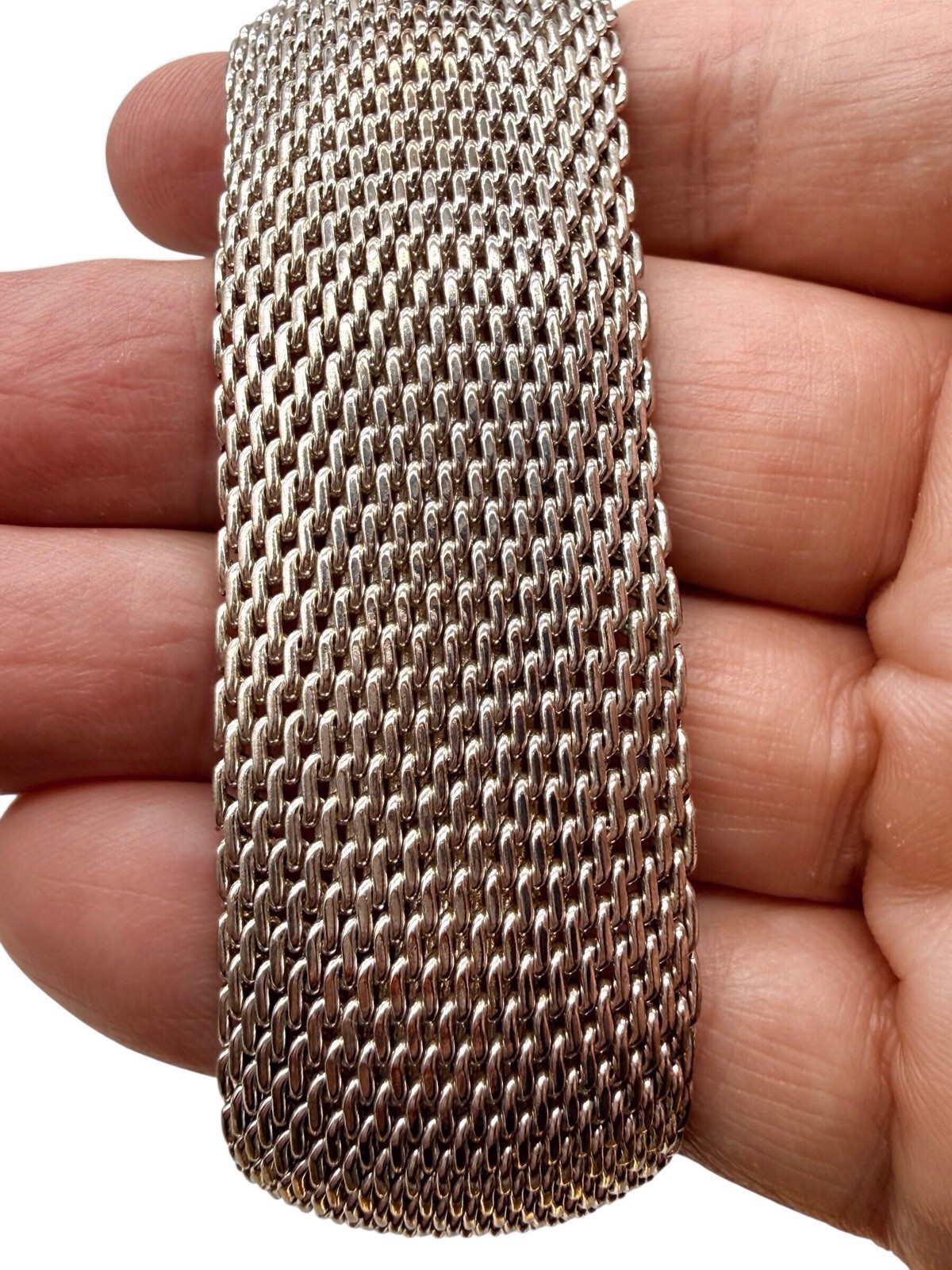 Silver Plated Mesh Bangle Bracelet 1″ Wide Flexible Larger Size Chunky! B13