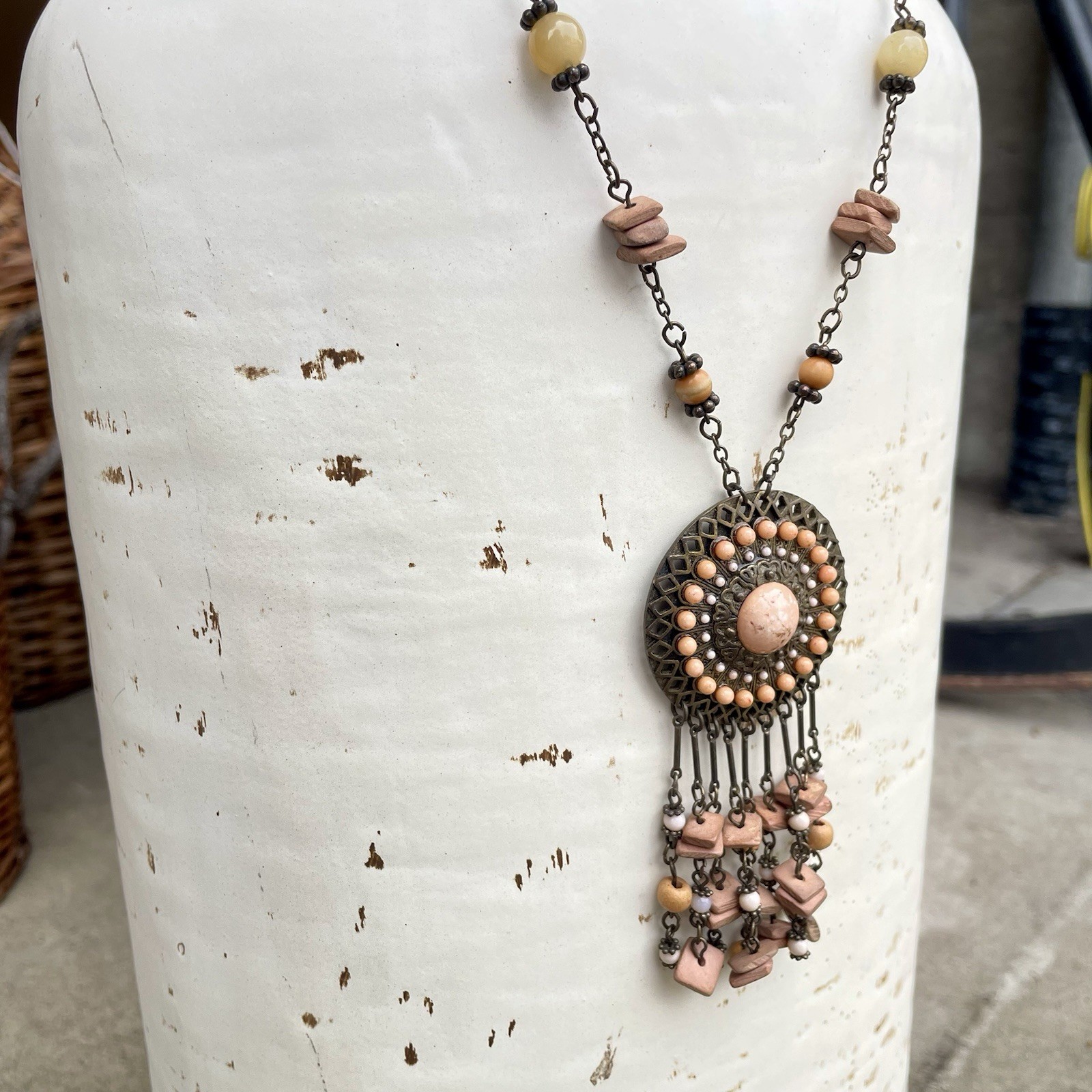 VTG VCLM Signed Boho Statement Medallion Necklace Peach Wood Bead Fringe Fringe