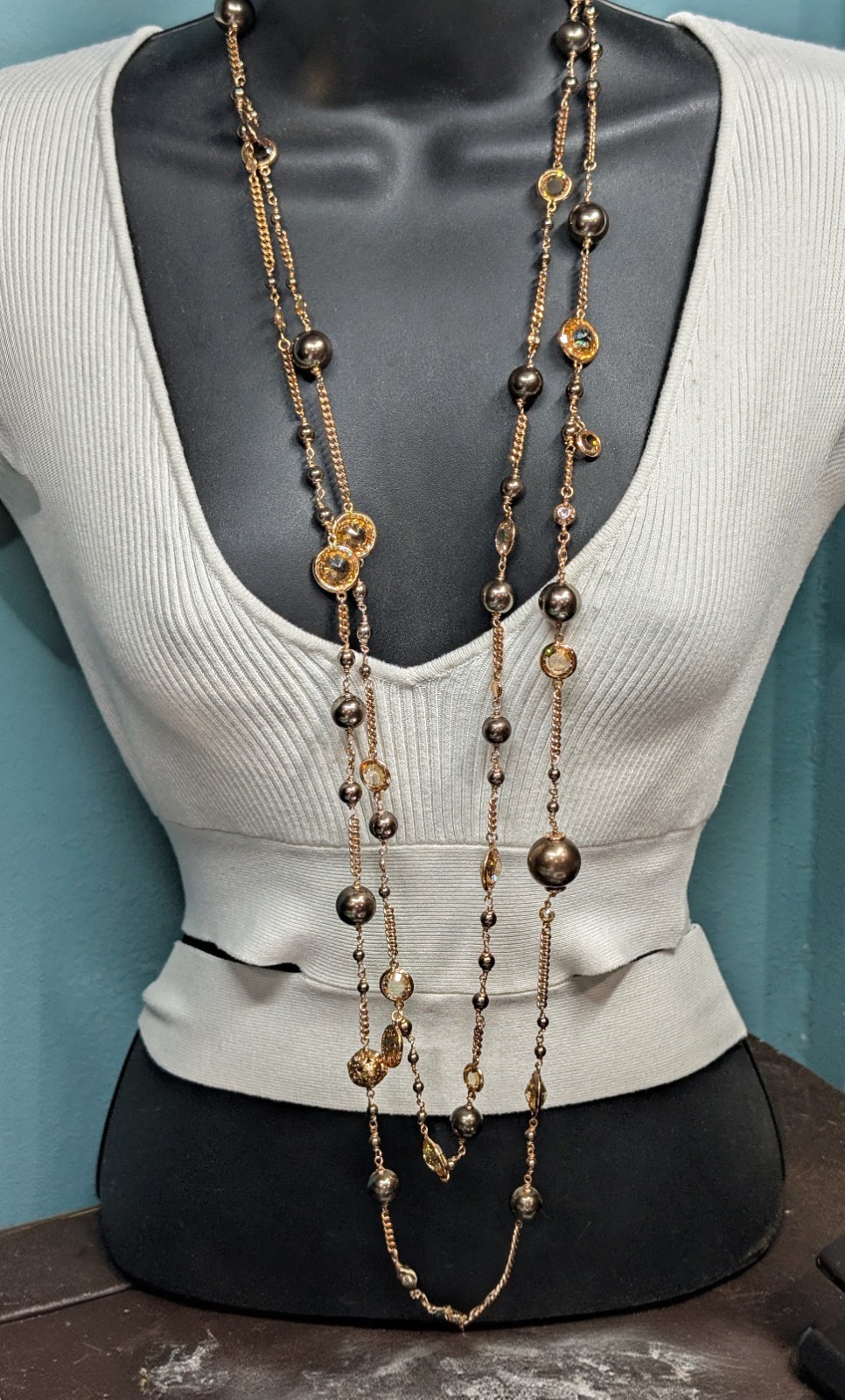 HENRI BENDEL Gold Rose Tone, Crysta & Faux Pearl Two Strand Long Necklace 40”