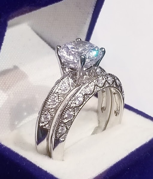 Luxury Art Deco Style 3Ctw Round Cut Created Diamond Silver Wedding Ring Set 2pc