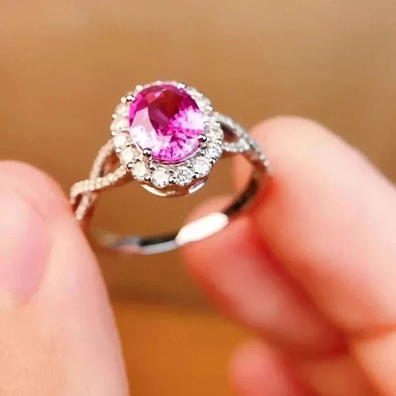 3 Ct Oval Cut Simulated Pink Sapphire Engagement Band Ring 14k White Gold Plated