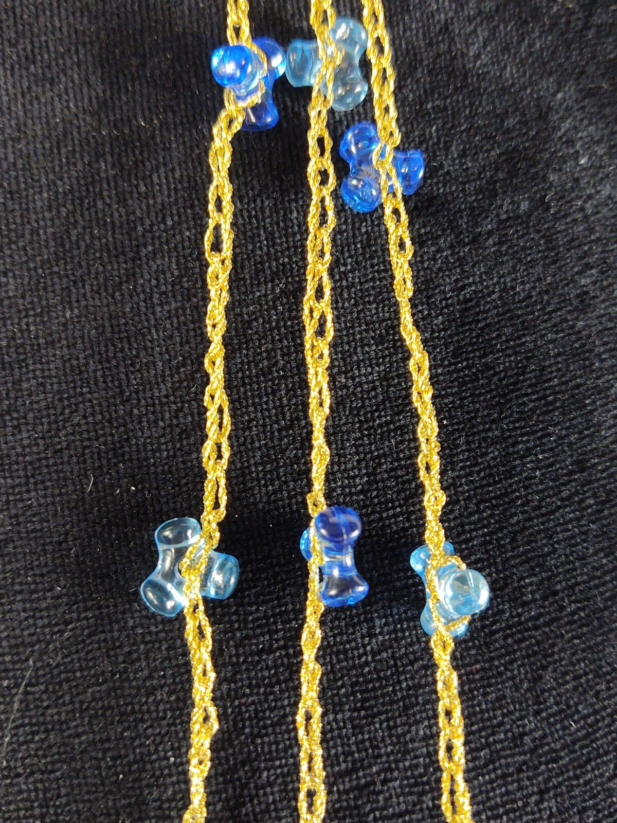 Vintage Blue Plastic Beaded Necklace Long Gold Tone Chain Costume Jewelry