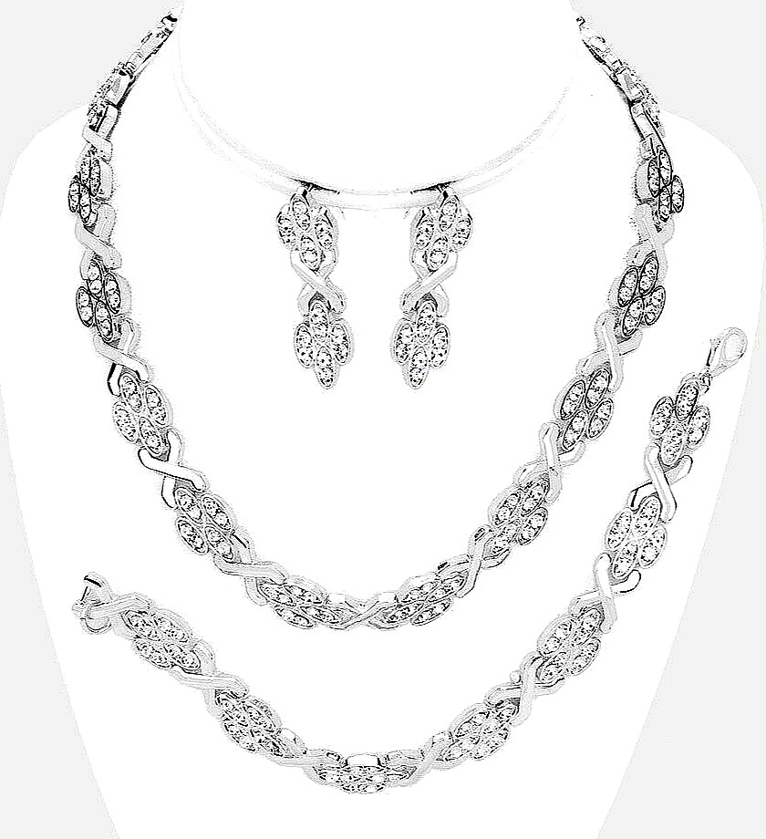 SILVER HIGH QUALITY “3 PC” CLEAR PAVE CRYSTAL FASHION NECKLACE JEWELRY SET*