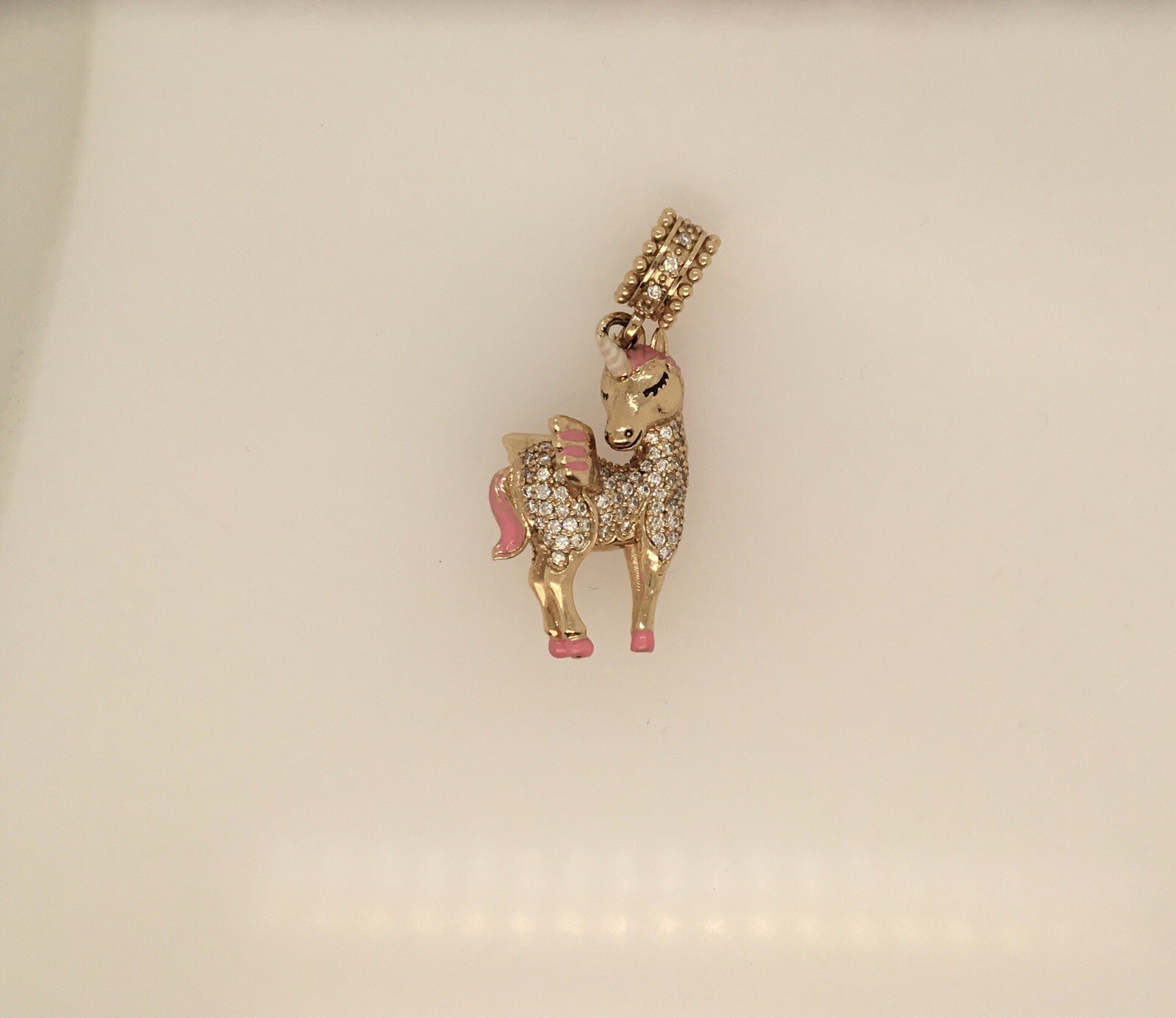 14k yellow gold unicorn charm pendant 17.60 Gm 132 Dia 1.20 Ct Pink Enamel