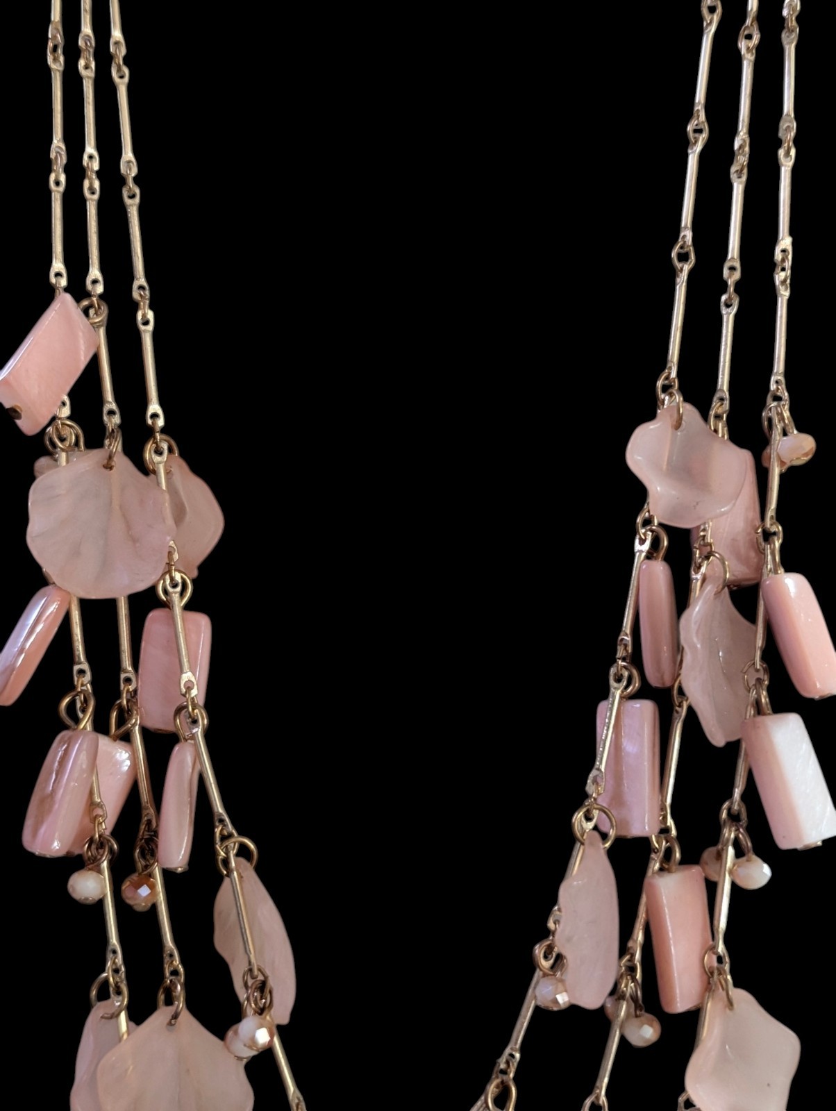 Multi Strand Pink Petal Shell Cascade Necklace Gold Tone Layered Waterfall Bib