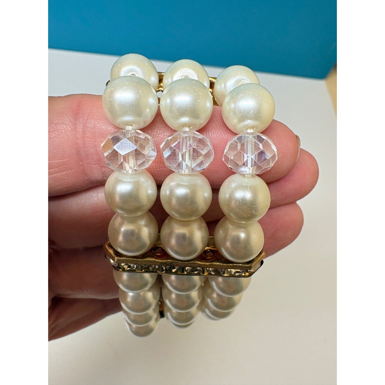 Triple Strand Faux Pearl Stretch Bracelet Gold Tone Rhinestone Cream White