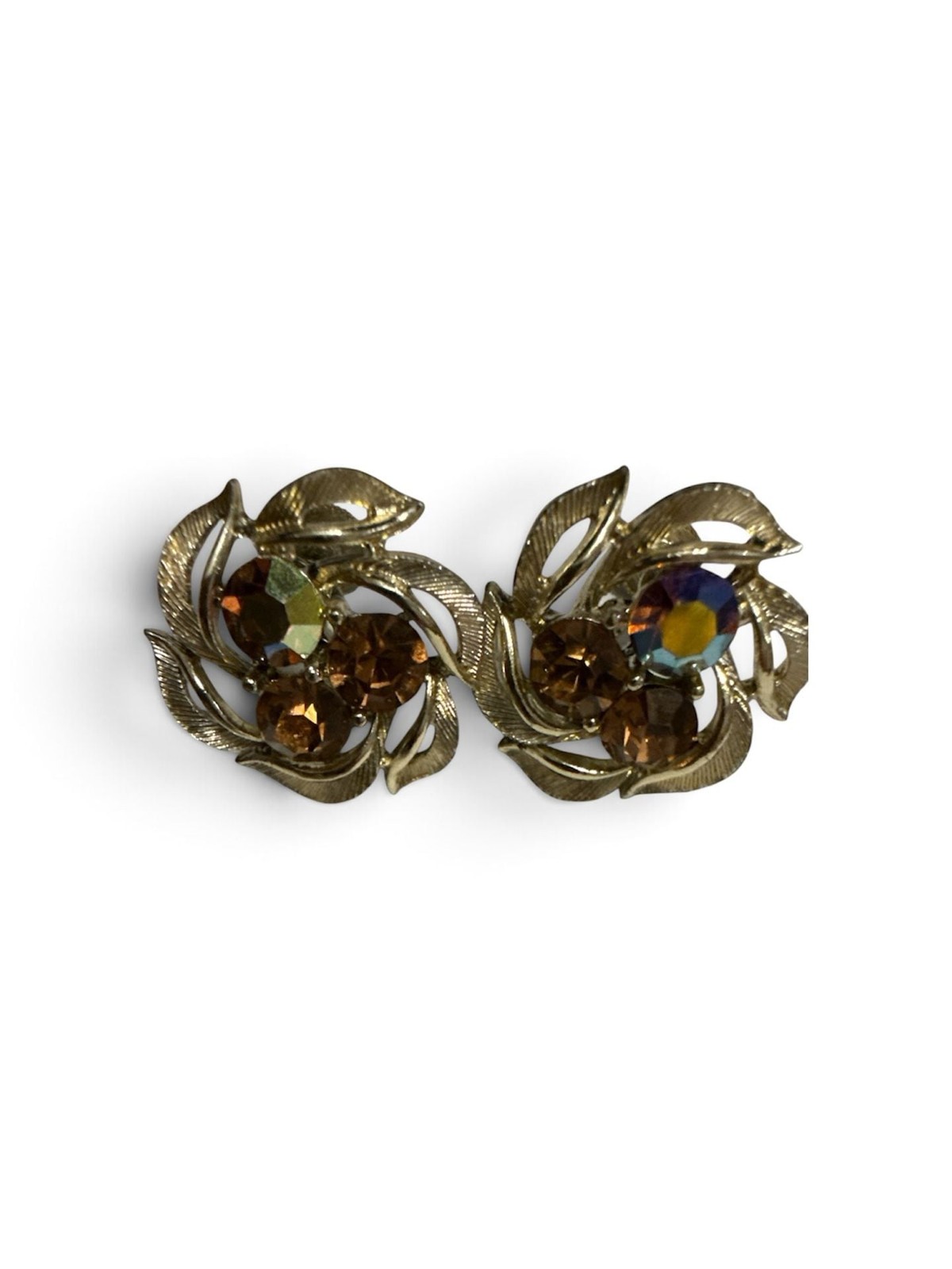 Vintage Lisner Gold Tone Leaf Earrings with Amber and Aurora Borealis