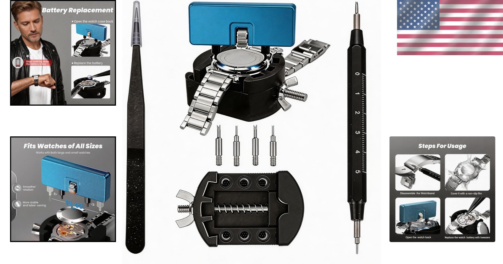 Universal Watch Repair Kit: Case Holder, Spring Bar Tool & Tweezers for Home Use