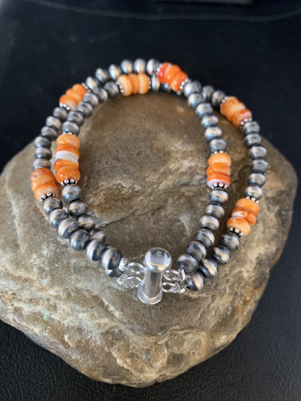 Orange Spiny Oyster Bead Navajo Pearls Sterling Silver Bracelet 7.5″ 13801