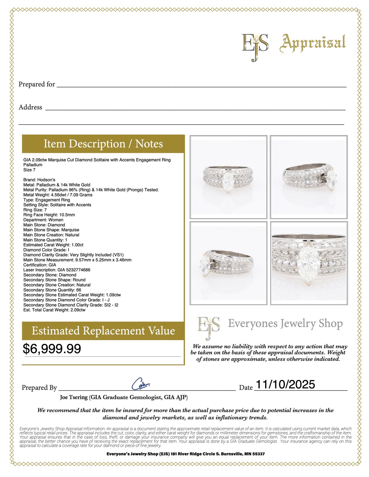 GIA 2.09ctw Diamond Solitaire with Accents Engagement Ring Palladium Size 7