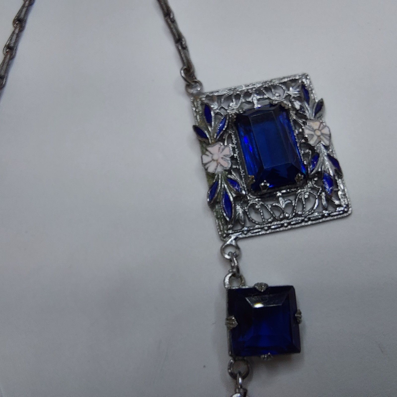 1920s Art Deco Czech Deep Blue Glass Enamel Flower Floral Filigree Necklace