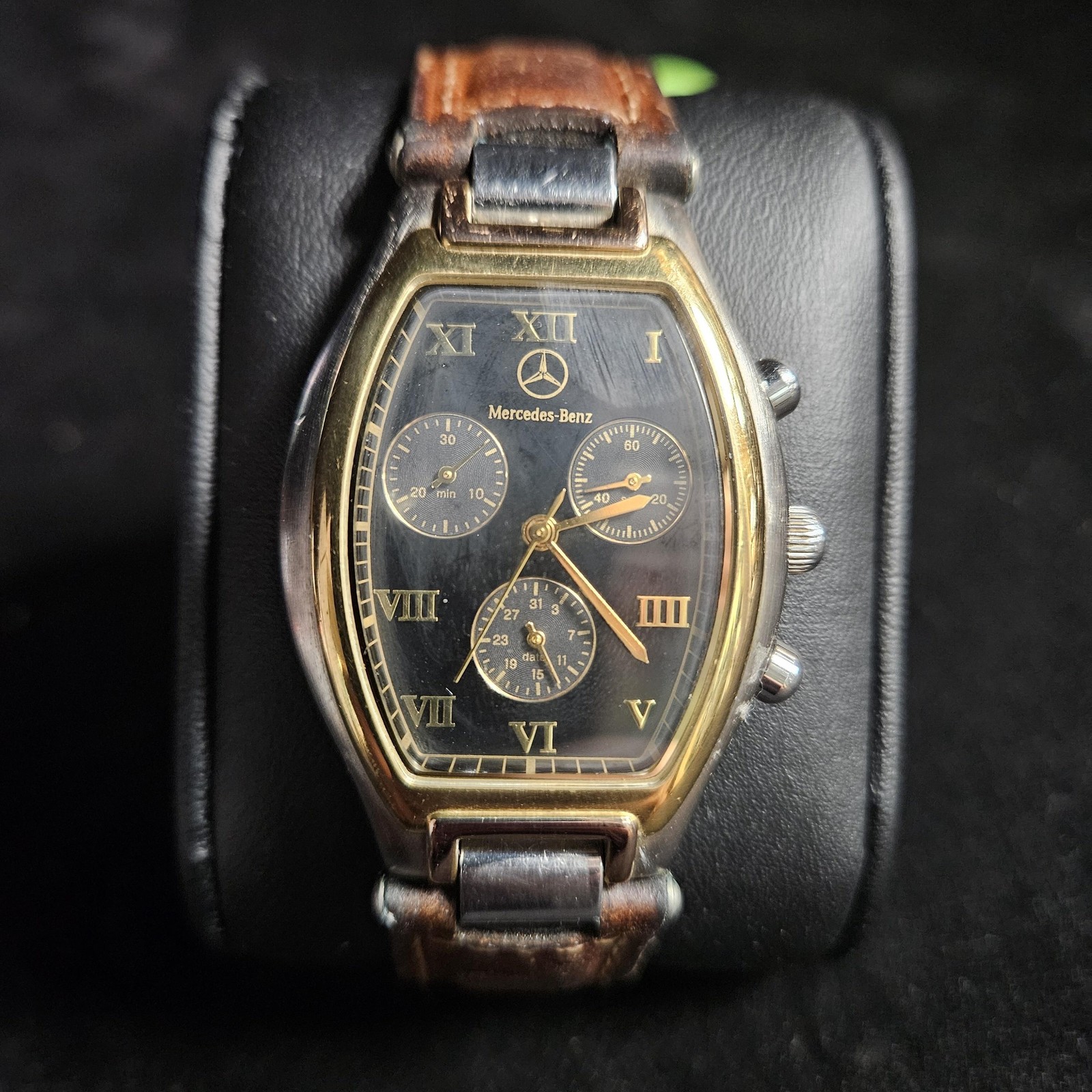 VTG Mercedes-Benz Watch Mens 34mm Black Dial Brown Leather Chronograph Date