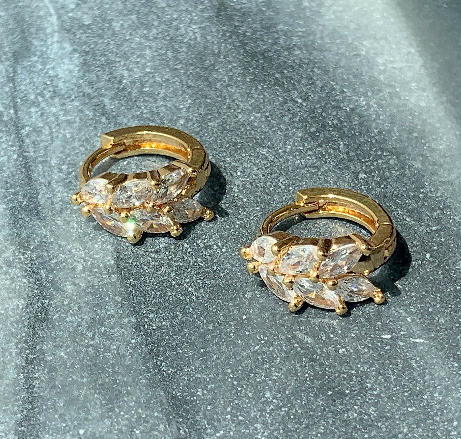 gold huggie earrings 18k gold filled, marquis cz stone