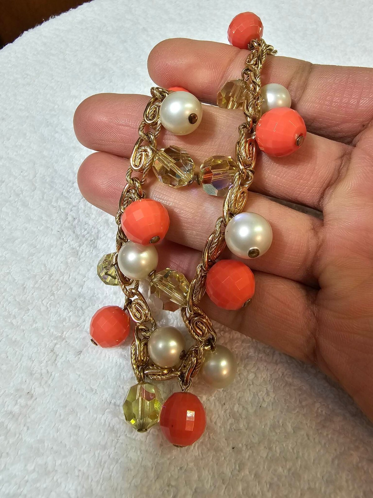 Trifari choker necklace w/ faux pearl orange & yellow citrine color beads 15in”