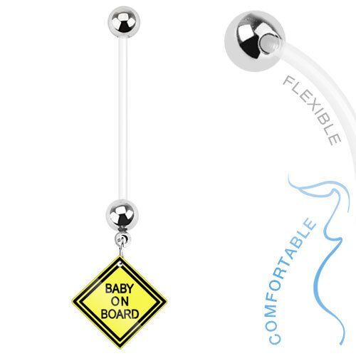 Pregnancy Navel Ring – Baby on Board Dangle – 14G BioFlex 1” Bar