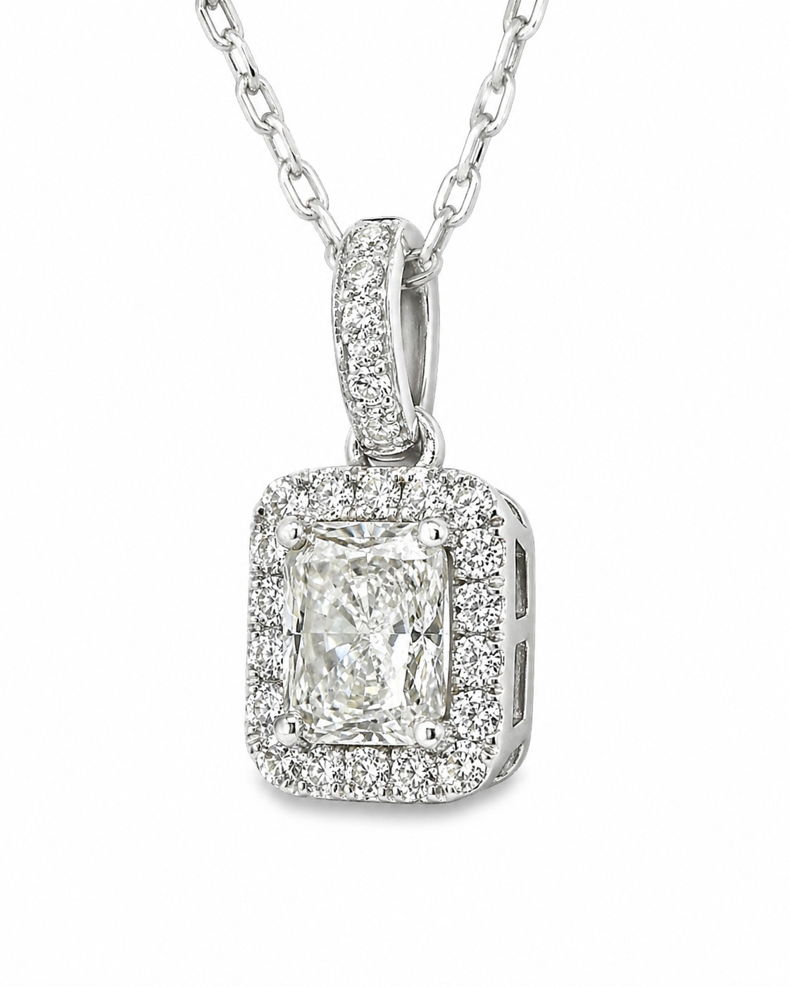 1.40ct Natural Radiant Diamond Halo Pendant Art Deco Necklace 18K White Gold