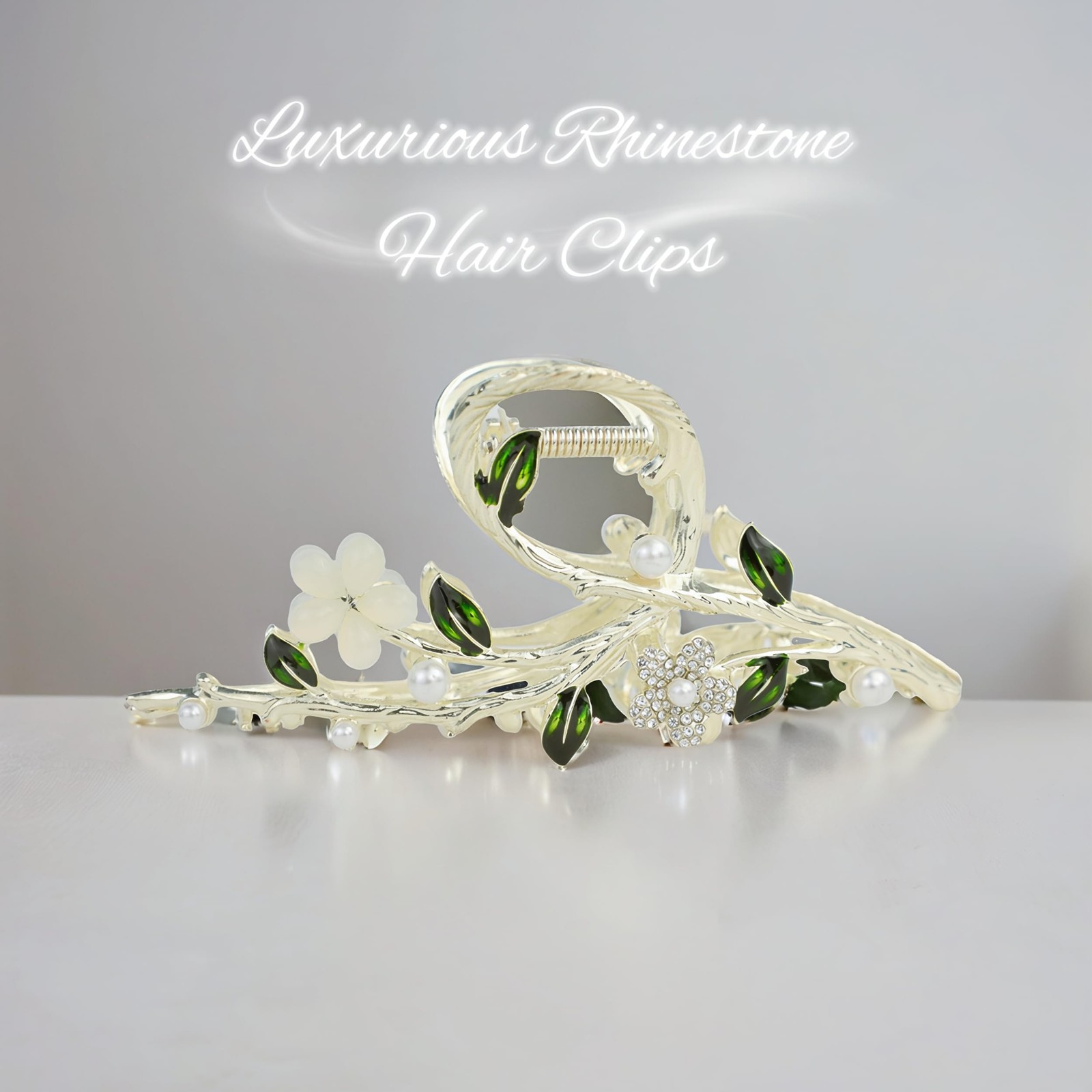 5.51” Large Metal Flower Claw Clip for Women – Cat-Eye Stones, Pearls, Rhine…