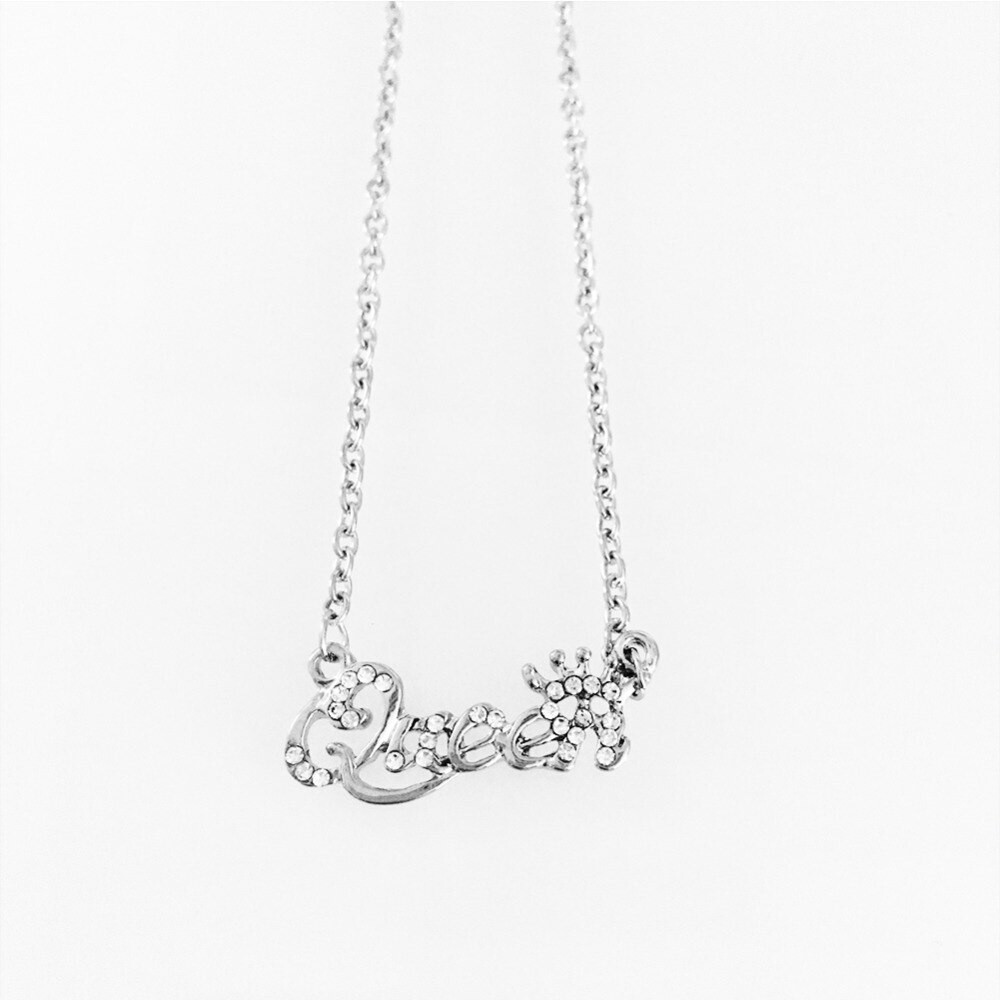 Silver Queen Letters Crystal Bling Necklace w/ Crown Pendant, Party Jewelry