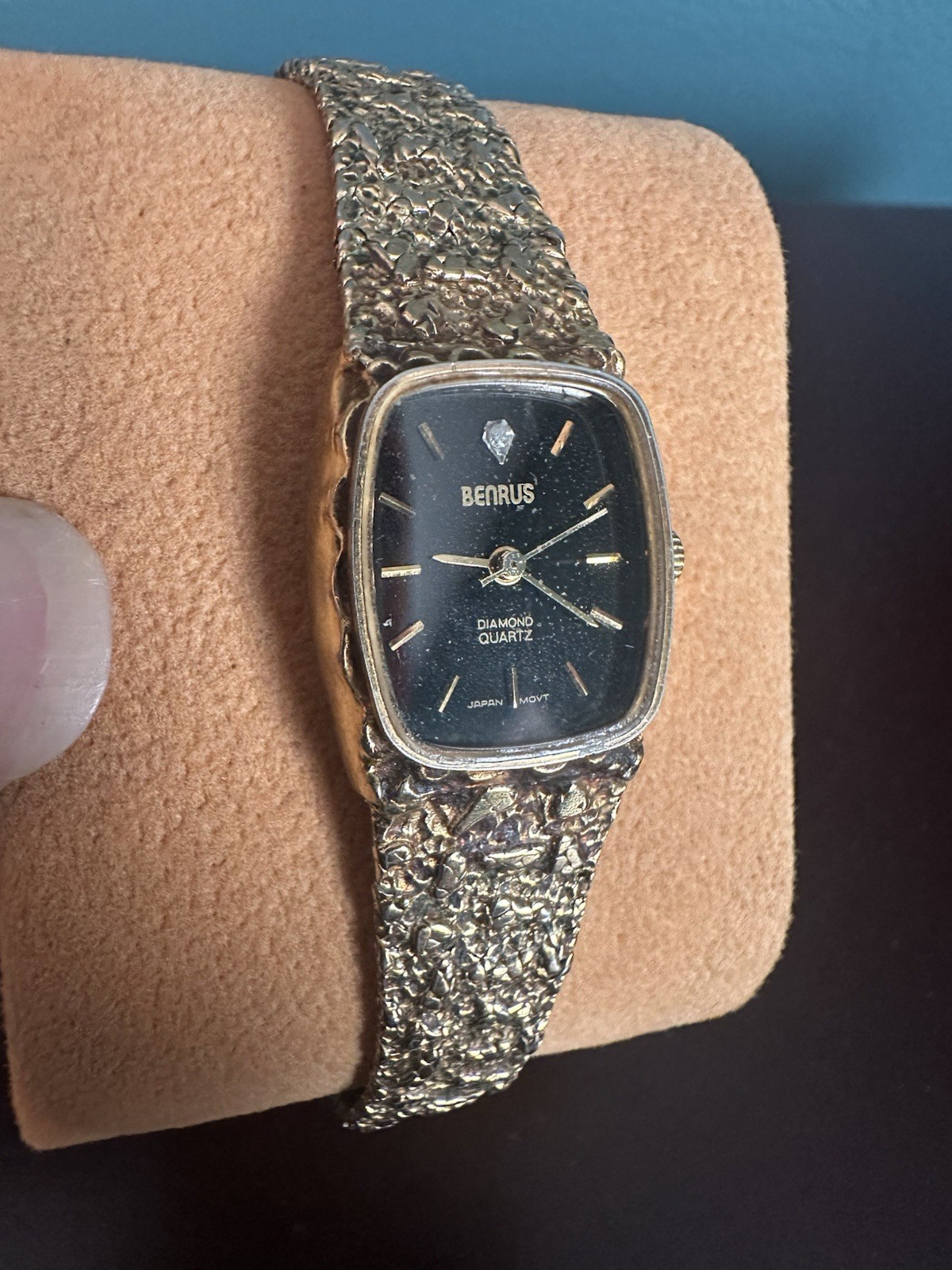 Benrus Diamond Quartz Women’s Gold-Tone Cushion Watch Black Dial Bracelet