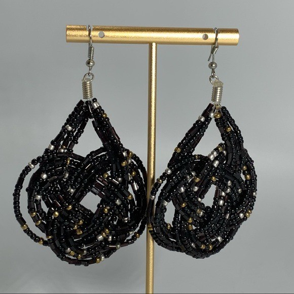 Woven Black Silver Gold Seed Bead Earrings Boho Artsy Bohemian Gypsy Whimsigoth