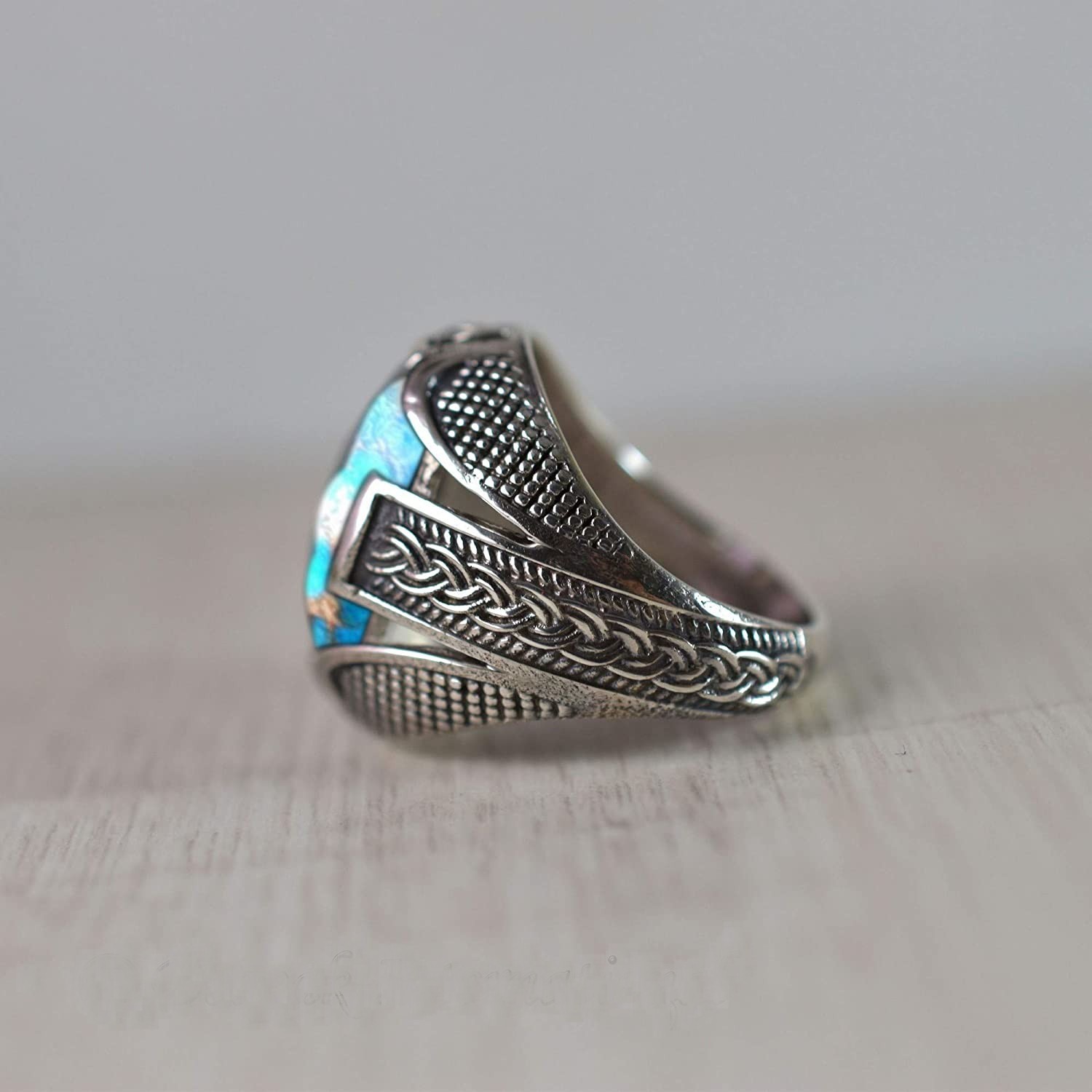 Solid 925 Sterling Silver AA Natural Copper Turquoise Gemstone Men’s Unisex Ring