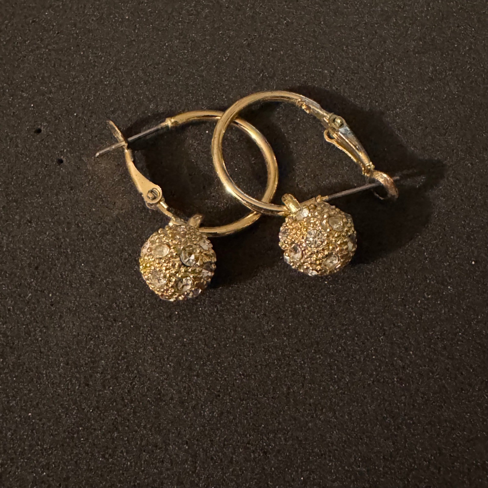 Gold Tone Pave Disco Ball Charm Hoop Earrings Small Latch Back Sparkly Round