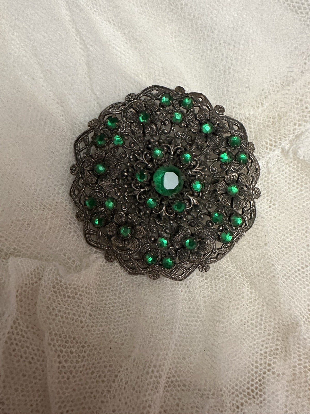 Antique 1910s Edwardian Czech Green Glass Brooch Pin Bohemian Czechoslovakia
