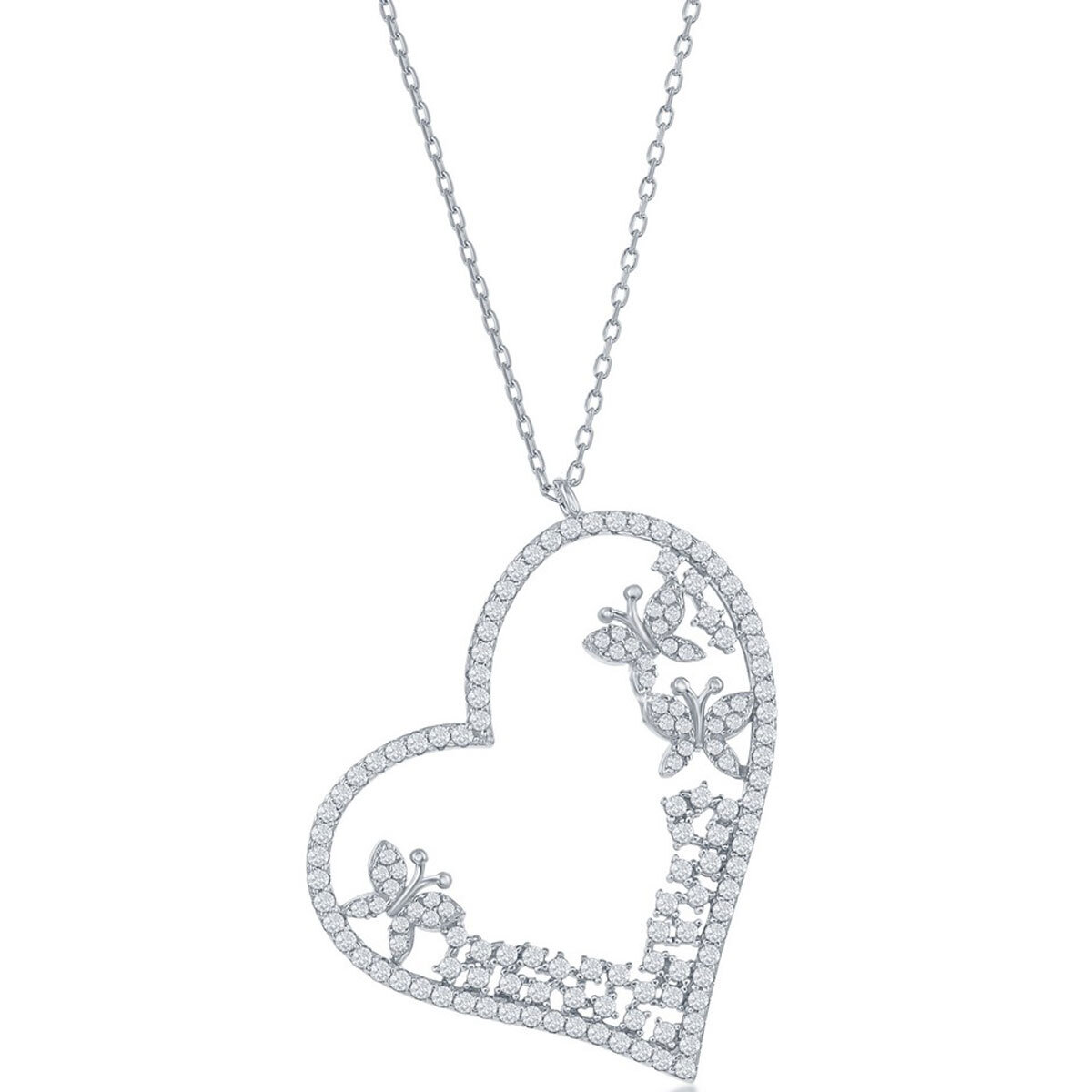 Classic Women’s Necklace Sterling Silver White CZ Heart and Butterflies M-6663