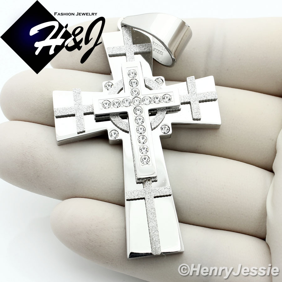 18-40″MEN Stainless Steel 8mm Silver Interlock Bone Necklace CZ Cross Pendant*N7