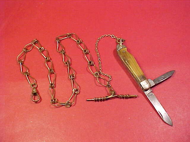 Antique Arts & Crafts Hand Made T-Bar Clasp Pocket Watch Chain 2 Blade Knife Fob