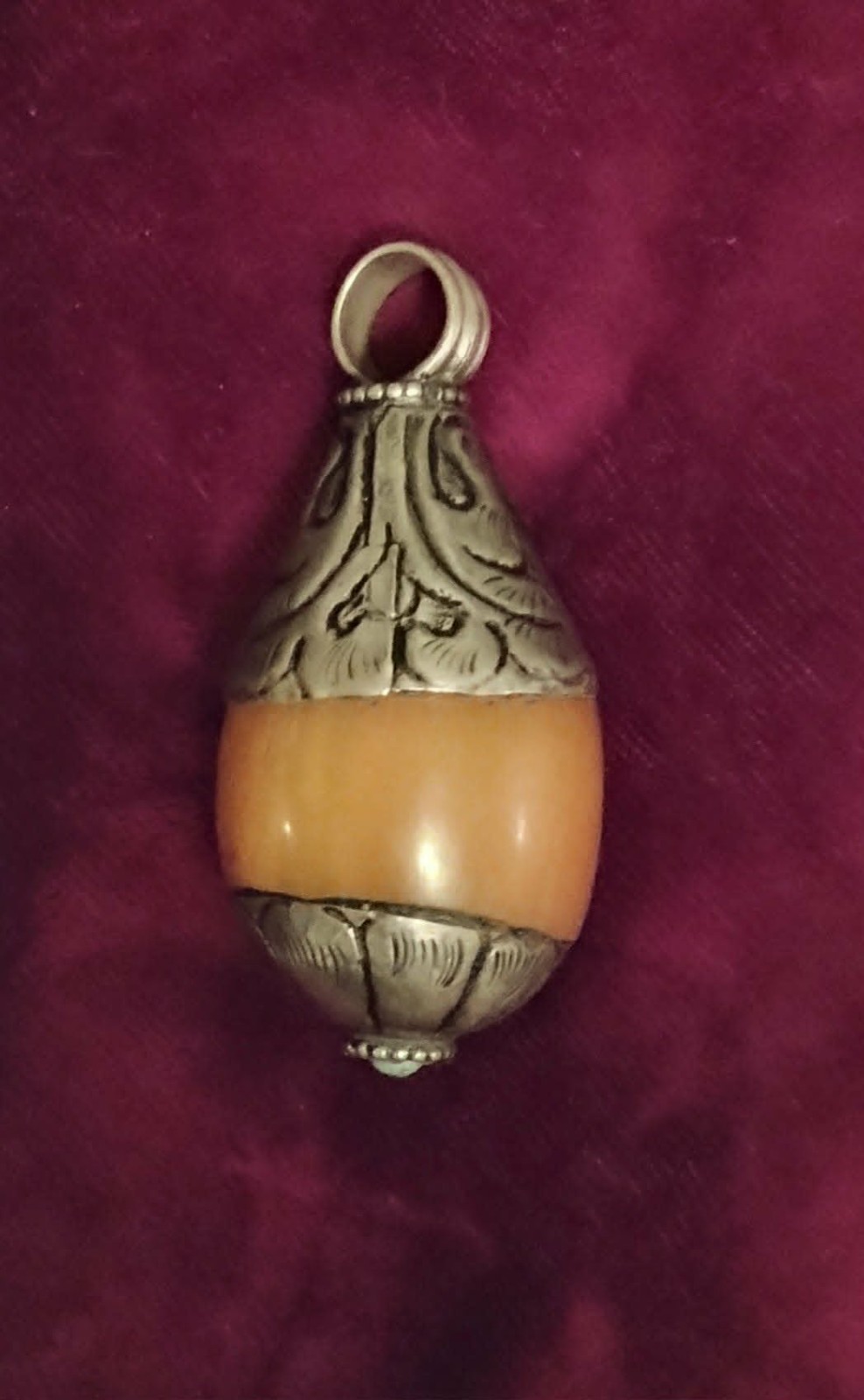 Large Vintage Tibetan Baltic Amber w/ Ornate Silver and Turquoise Pendant