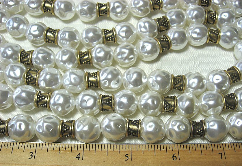 Triple Strand Brass & Large Costume Pearl Necklace 16 1/2″ long