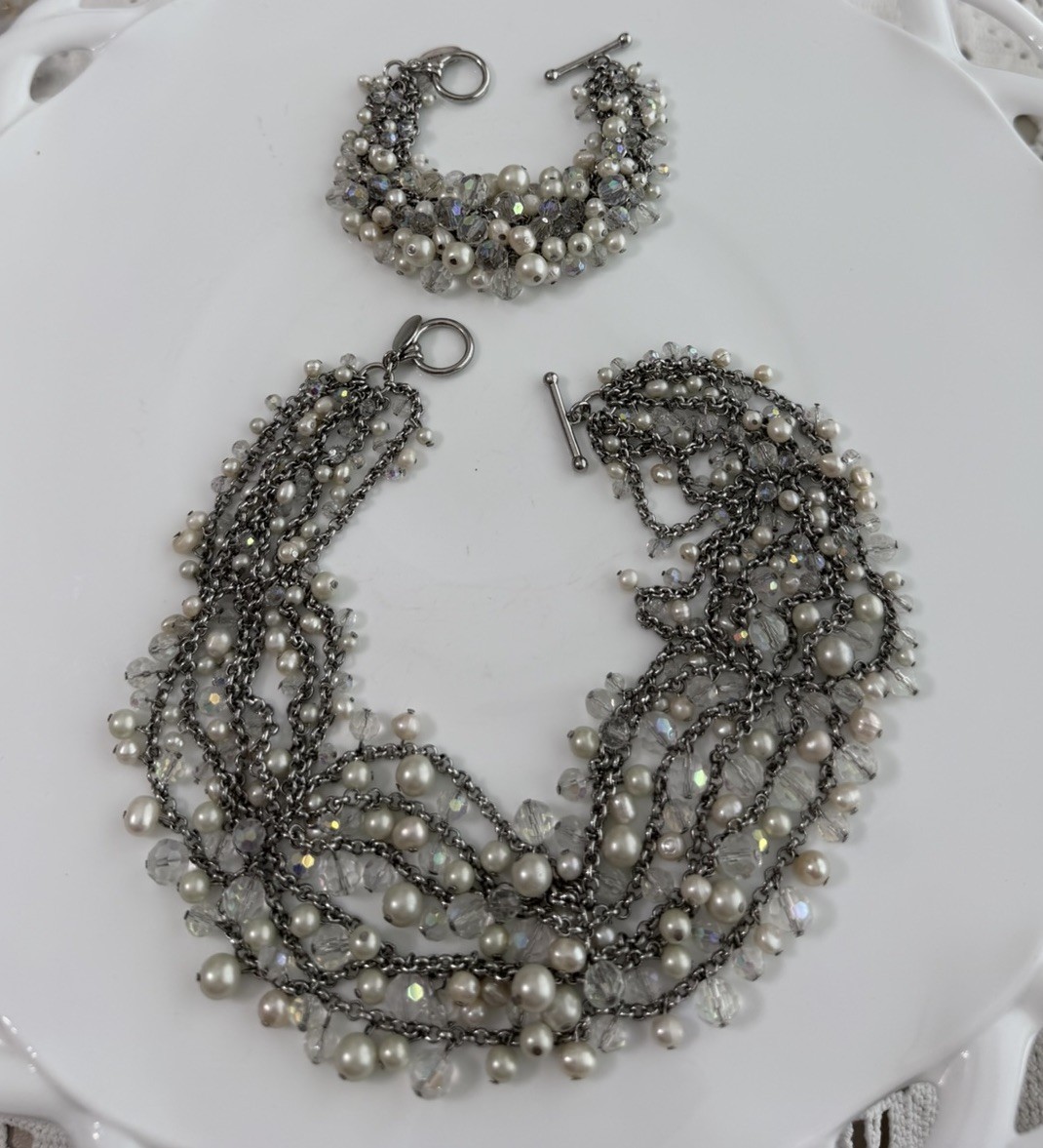 Ann Taylor Faux Pearl & AB Rhinestones Beaded Necklace & Cha Cha Bracelet