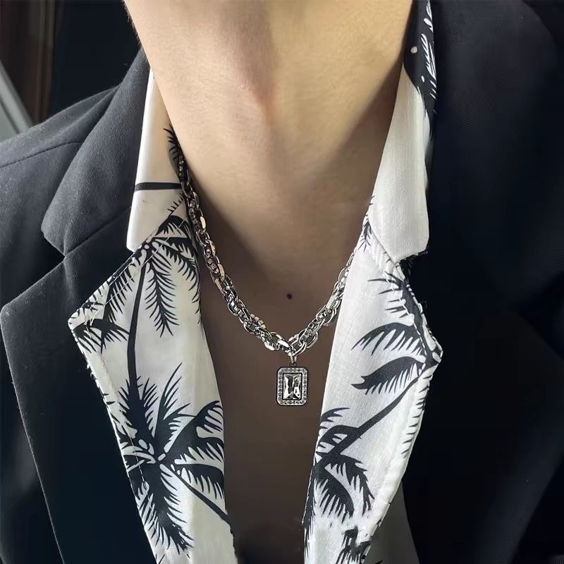 Necklace Square Zirconia Pendant Stainless Silver Unisex Street Neck Jewelry