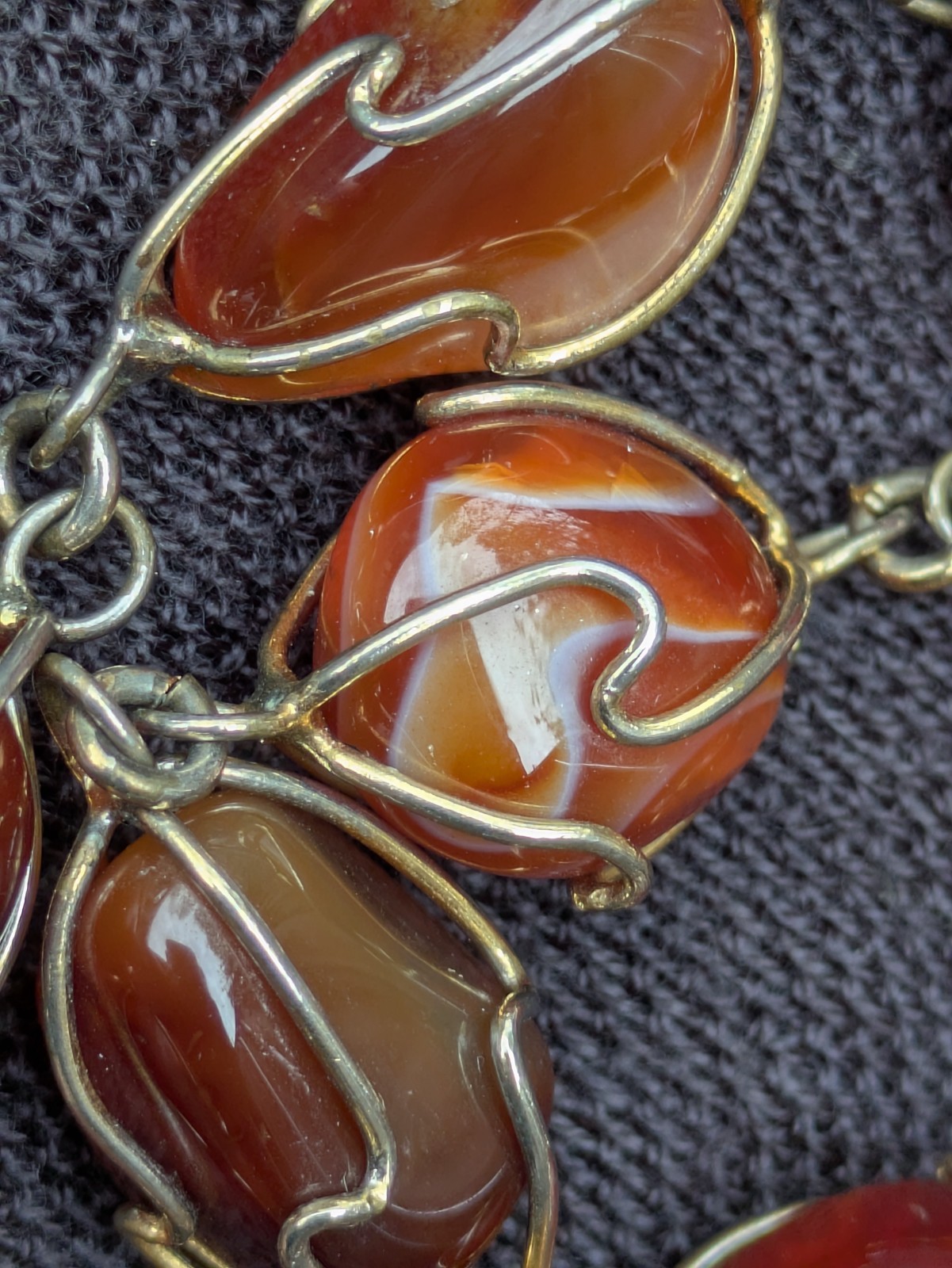 Wire Wrapped Tumbled Banded Agate 32.5″ Necklace ~ Red Orange Brown Gemstone F19