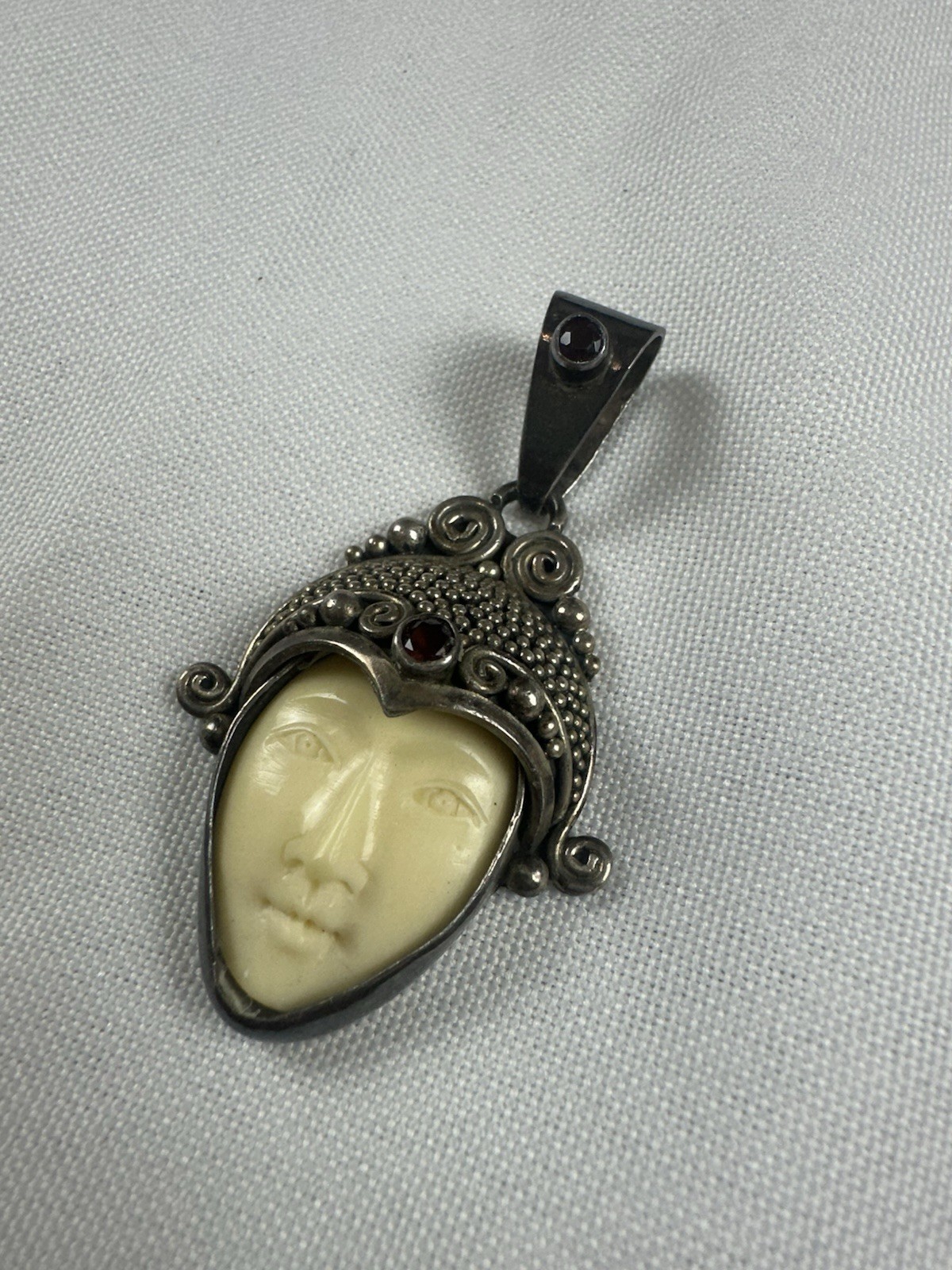 Vintage Sajen Sterling Silver 925 Carved Face Goddess Red Gemstones Pendant 2″