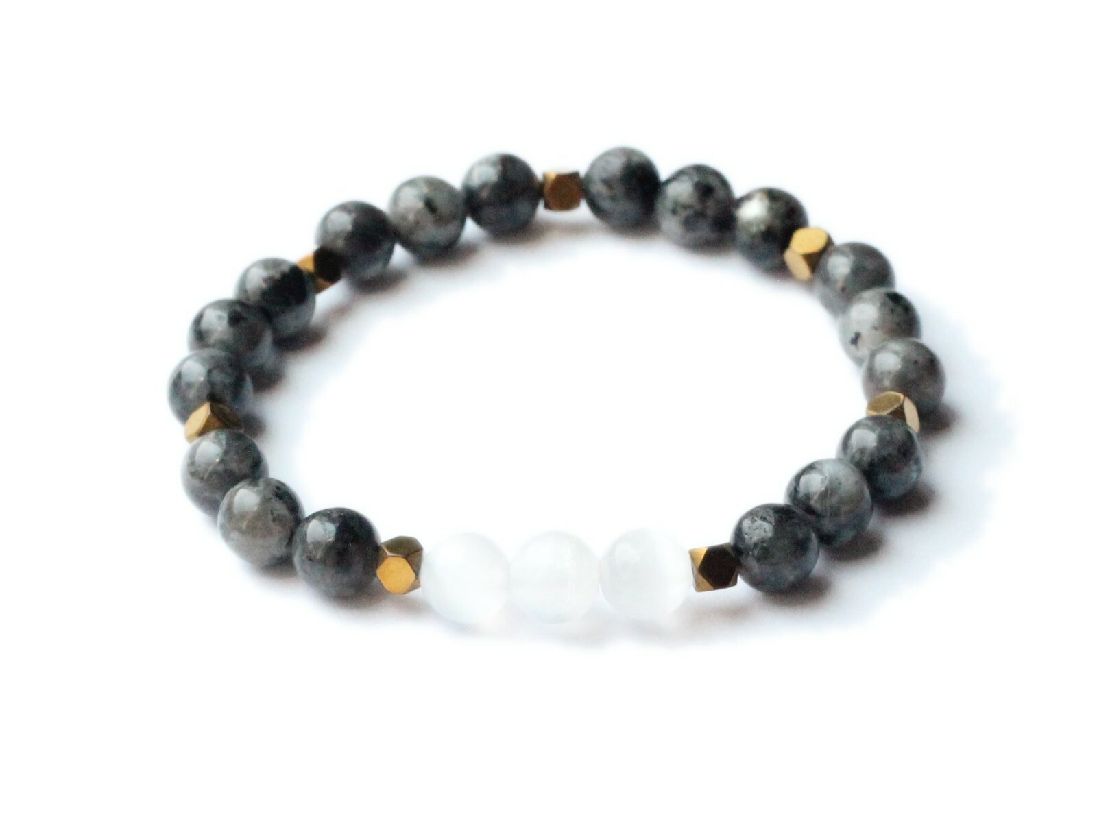Selenite & Black Moonstone Gemstone Bracelet, Empath Protection, Crystals, Moon