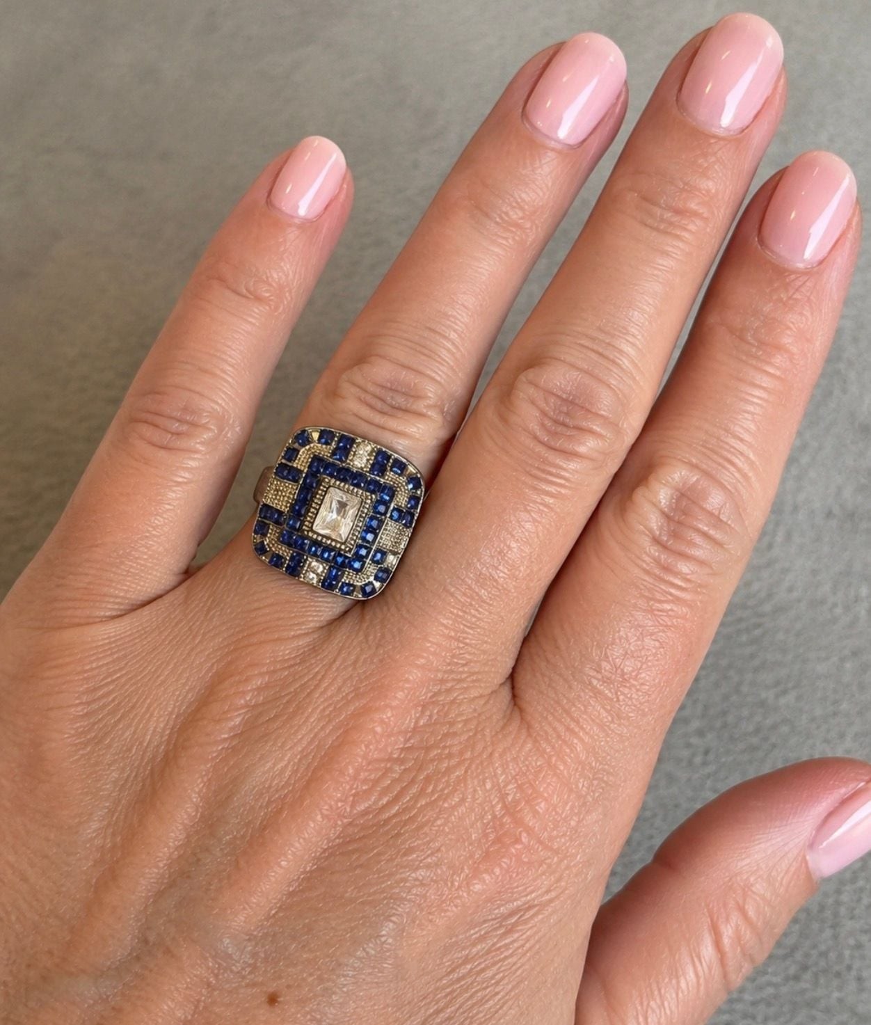 Art Deco Style Silver-Tone Cocktail Ring with Blue and Clear Cubic Zirconia